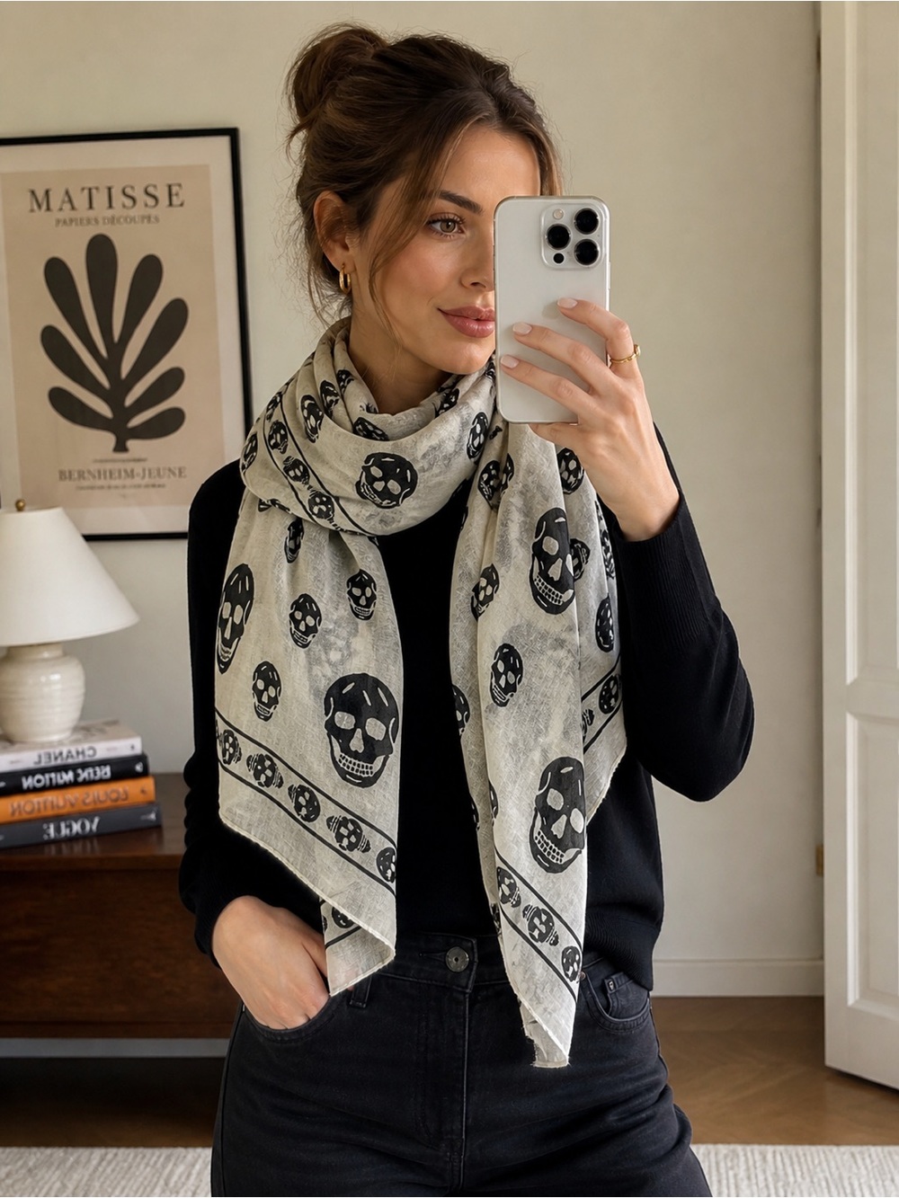 Alexander McQueen Skull-Print Silk Scarf, Classic, Black White